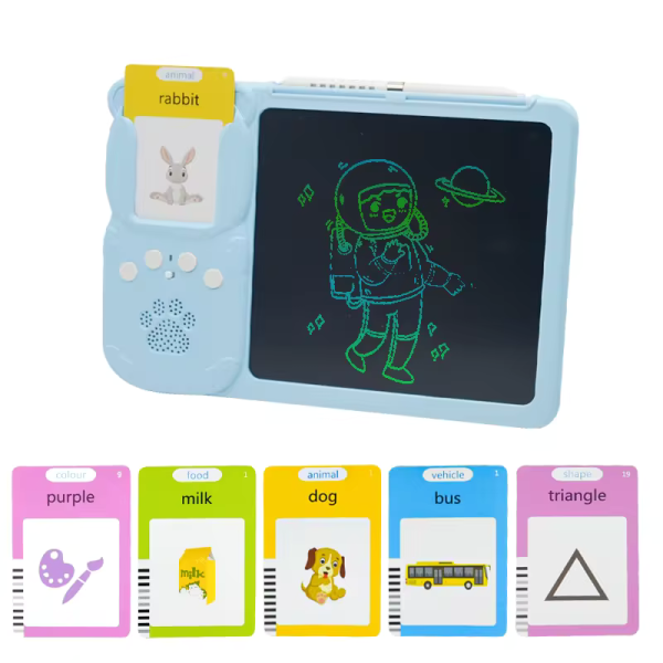 Jucarie educativa Montessori pentru copii 2 in 1, masina de invatare cuvinte in limba engleza cu cititor de carduri flash, 224 de cuvinte 112 carduri si tableta LCD pentru desenat,  incarcare MicroUSB, 3 ani+ - imagine 4