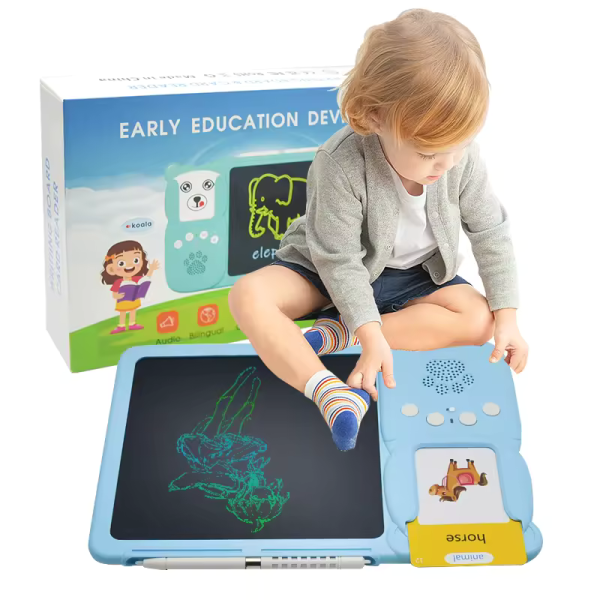 Jucarie educativa Montessori pentru copii 2 in 1, masina de invatare cuvinte in limba engleza cu cititor de carduri flash, 224 de cuvinte 112 carduri si tableta LCD pentru desenat,  incarcare MicroUSB, 3 ani+ - imagine 5