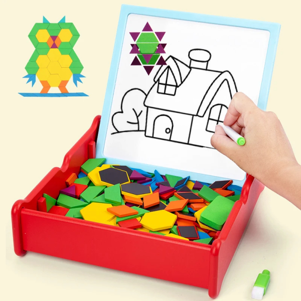 Puzzle Tangram magnetic din lemn, joc creativ de indemanare cu 196 piese si tabla magnetica cu suport pentru marker si burete, Montessori, multicolor - imagine 3