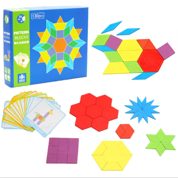 Tangram din lemn cu modele, joc educativ pentru copii, 130 piese, 3+ - imagine 4