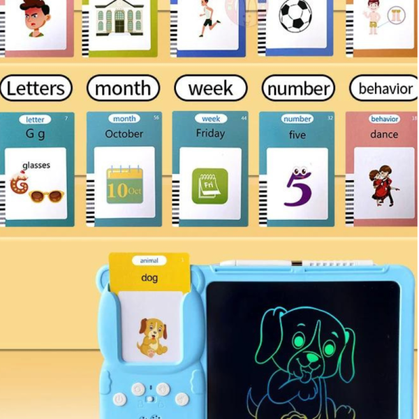 Jucarie educativa Montessori pentru copii 2 in 1, masina de invatare cuvinte in limba engleza cu cititor de carduri flash, 224 de cuvinte 112 carduri si tableta LCD pentru desenat,  incarcare MicroUSB, 3 ani+ - imagine 7