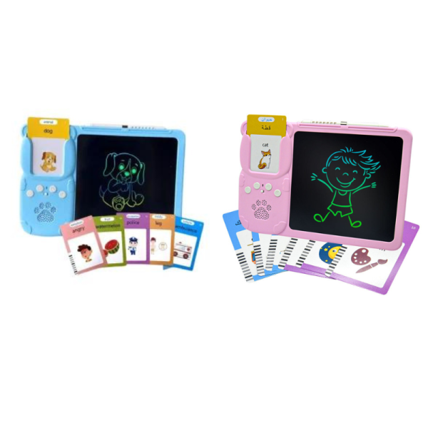 Jucarie educativa Montessori pentru copii 2 in 1, masina de invatare cuvinte in limba engleza cu cititor de carduri flash, 224 de cuvinte 112 carduri si tableta LCD pentru desenat,  incarcare MicroUSB, 3 ani+