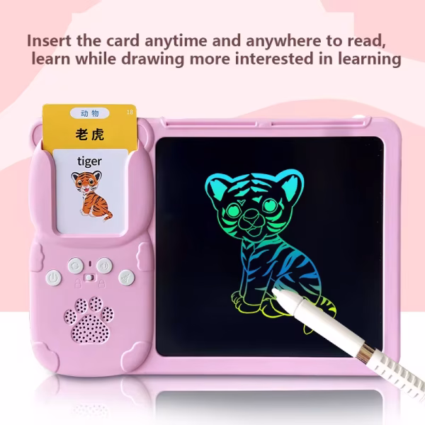 Jucarie educativa Montessori pentru copii 2 in 1, masina de invatare cuvinte in limba engleza cu cititor de carduri flash, 224 de cuvinte 112 carduri si tableta LCD pentru desenat,  incarcare MicroUSB, 3 ani+ - imagine 11