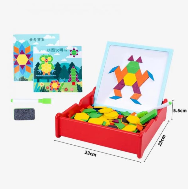 Puzzle Tangram magnetic din lemn, joc creativ de indemanare cu 196 piese si tabla magnetica cu suport pentru marker si burete, Montessori, multicolor - imagine 10