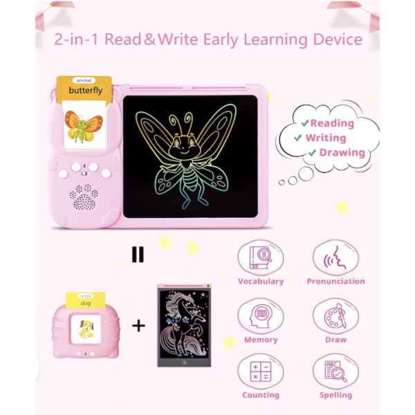 Jucarie educativa Montessori pentru copii 2 in 1, masina de invatare cuvinte in limba engleza cu cititor de carduri flash, 224 de cuvinte 112 carduri si tableta LCD pentru desenat,  incarcare MicroUSB, 3 ani+ - imagine 10