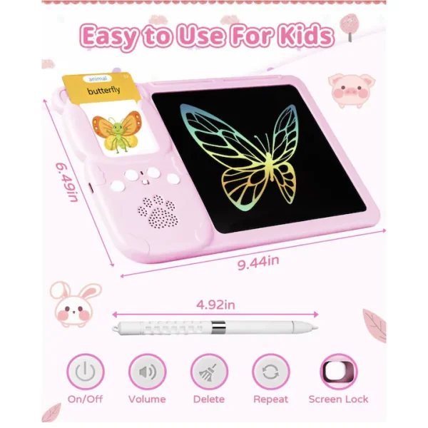 Jucarie educativa Montessori pentru copii 2 in 1, masina de invatare cuvinte in limba engleza cu cititor de carduri flash, 224 de cuvinte 112 carduri si tableta LCD pentru desenat,  incarcare MicroUSB, 3 ani+ - imagine 8