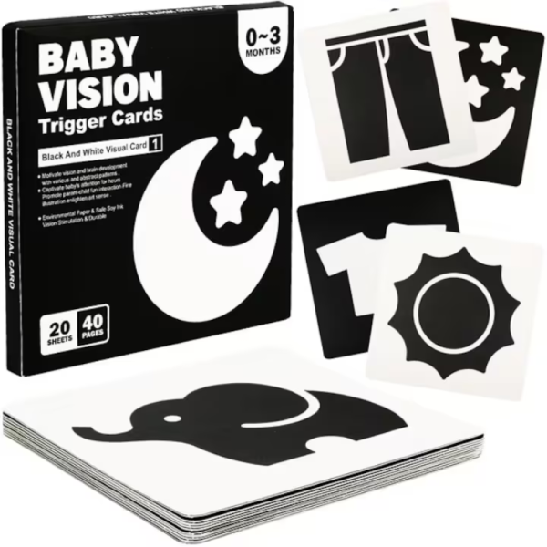 Set 80 cartonase pentru stimulare vizuala si cognitiva bebelusi, tip Montessori, cu imagini alb, negru, rosu si color, 0-36 luni - imagine 10