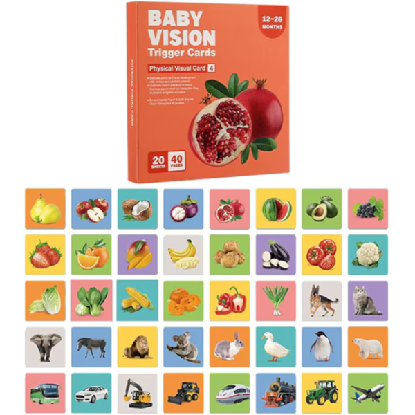 Set 80 cartonase pentru stimulare vizuala si cognitiva bebelusi, tip Montessori, cu imagini alb, negru, rosu si color, 0-36 luni - imagine 3