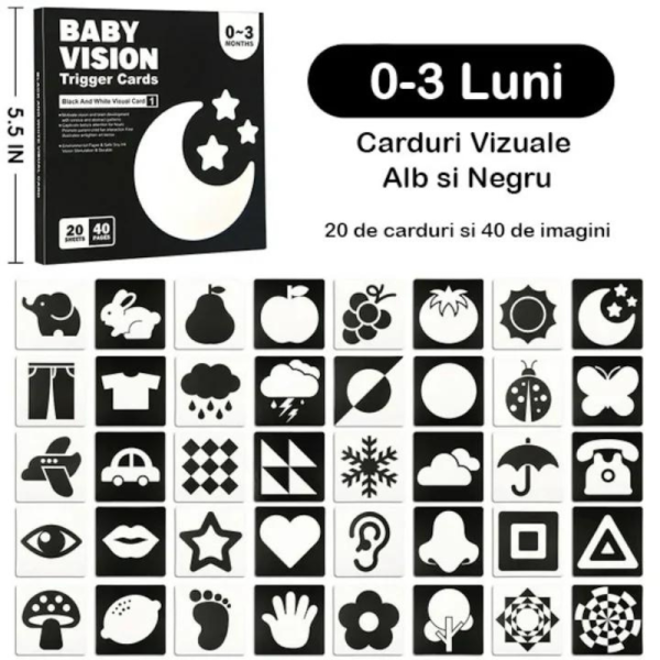 Set 80 cartonase pentru stimulare vizuala si cognitiva bebelusi, tip Montessori, cu imagini alb, negru, rosu si color, 0-36 luni - imagine 5