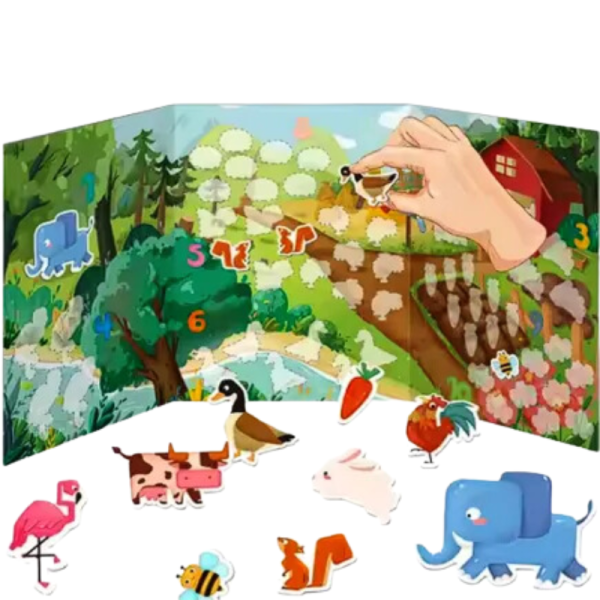 Carte magnetica Busy Book, puzzle pentru copii cu animale, legume, insecte, 55 piese, multicolor