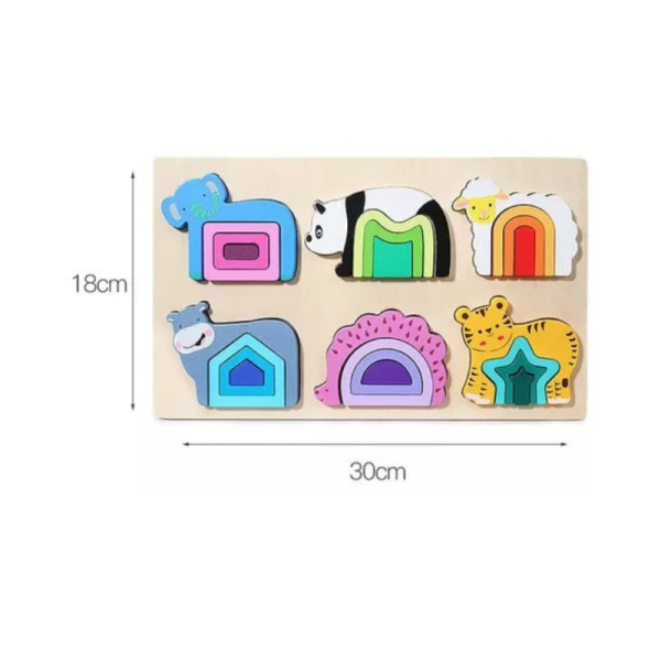 Puzzle educativ incastru de lemn cu animale, forme geometrice, multicolor, 24 piese,  3+ ani - imagine 2