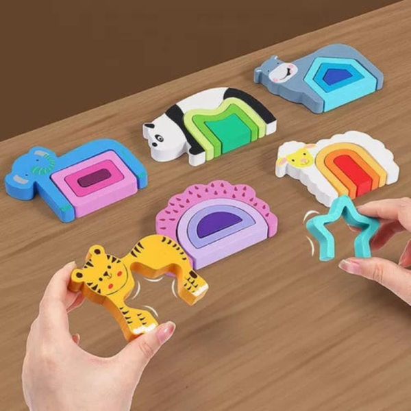 Puzzle educativ incastru de lemn cu animale, forme geometrice, multicolor, 24 piese,  3+ ani - imagine 3