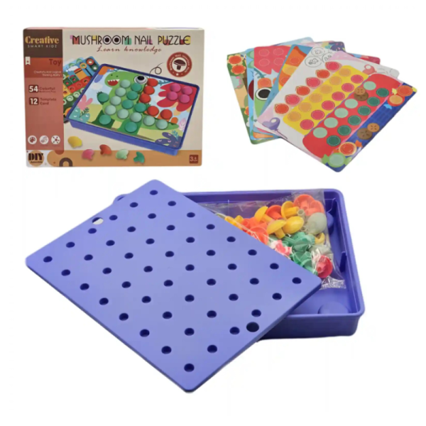 Joc creativ tip Mozaic cu butoni mari pentru copii, Puzzle interactiv cu 12 planse cu modele si 54 butoni multicolori, 3+ ani - imagine 5