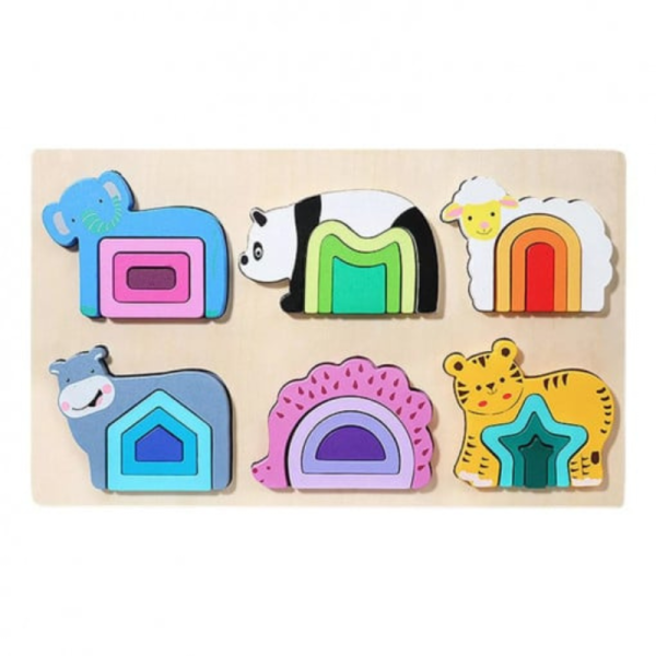 Puzzle educativ incastru de lemn cu animale, forme geometrice, multicolor, 24 piese,  3+ ani