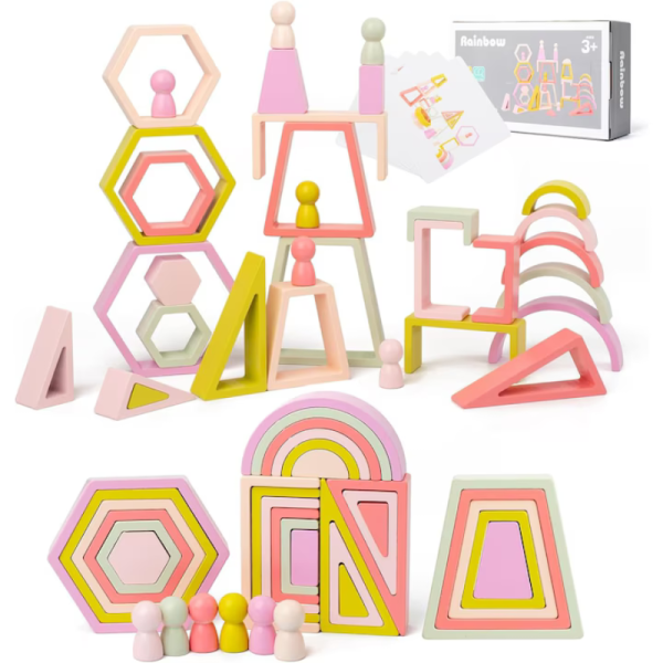 Set de 35 de piese din lemn, culori pastel, blocuri de constructie pentru Prescolari, Joc pentru dezvoltare timpurie, Educatie Montessori, 3+ ani - imagine 5