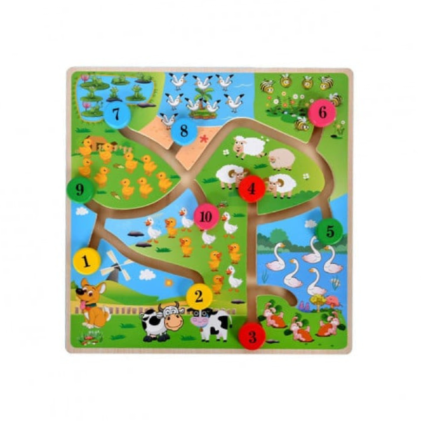 Puzzle interactiv din lemn, labirintul animalelor, cu animale, pasari si insecte, invatam sa numaram, 3+ ani