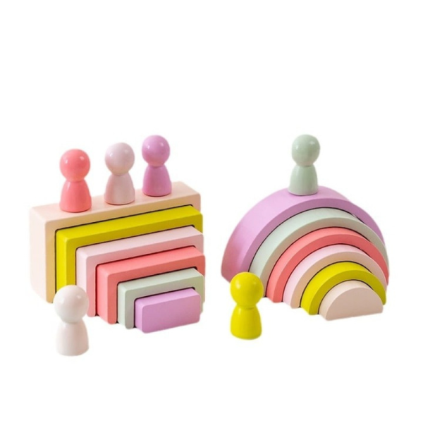 Set de 35 de piese din lemn, culori pastel, blocuri de constructie pentru Prescolari, Joc pentru dezvoltare timpurie, Educatie Montessori, 3+ ani