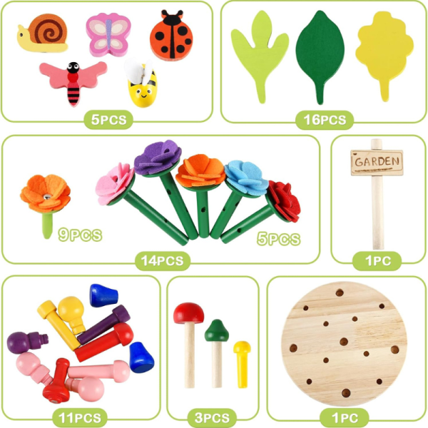 Joc de creativitate din lemn si fetru pentru copii, construieste gradina de flori, Montessori, 3+ - imagine 6