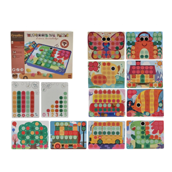 Joc creativ tip Mozaic cu butoni mari pentru copii, Puzzle interactiv cu 12 planse cu modele si 54 butoni multicolori, 3+ ani - imagine 7