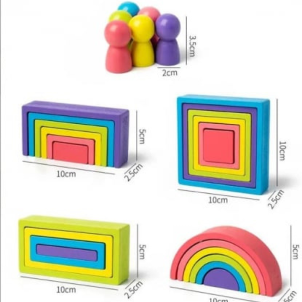 Set de 28 de piese din lemn, curcubeu, blocuri de constructie pentru Prescolari, Joc pentru dezvoltare timpurie, Educatie Montessori, 3+ ani - imagine 8