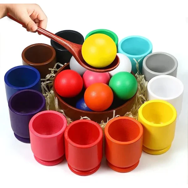 Joc educativ Montessori pentru Motricitate fina, sortare bile in bol, 26 de piese, Balls Cups Matching, multicolor - imagine 3