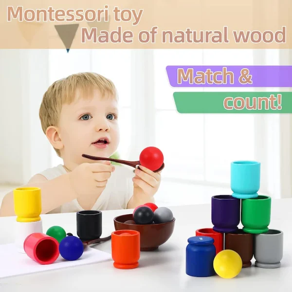 Joc educativ Montessori pentru Motricitate fina, sortare bile in bol, 26 de piese, Balls Cups Matching, multicolor - imagine 5