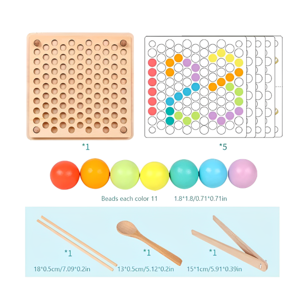 Joc educativ pentru copii, motricitate fina, sortare, mozaic cu bile din lemn, cleste, lingura, betisoare, planse model - imagine 4