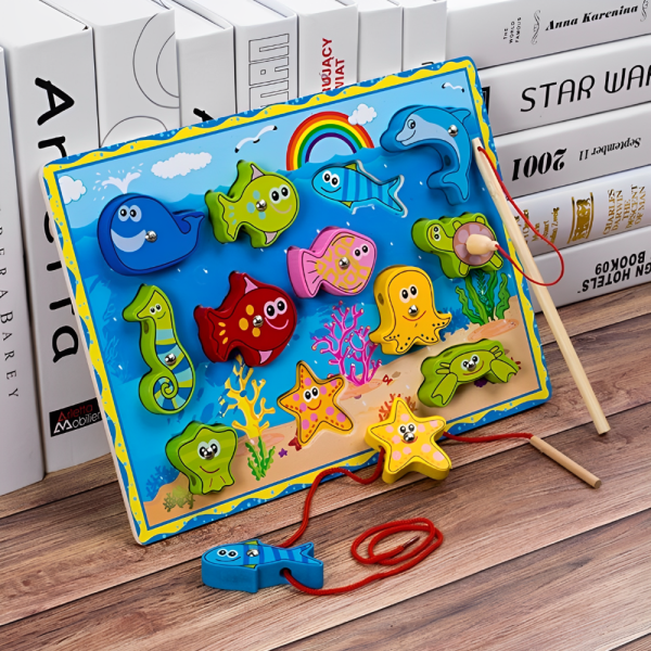 Joc de pescuit magnetic din lemn 3 in 1 pentru copii, snuruit, puzzle incastru, multicolor - imagine 4