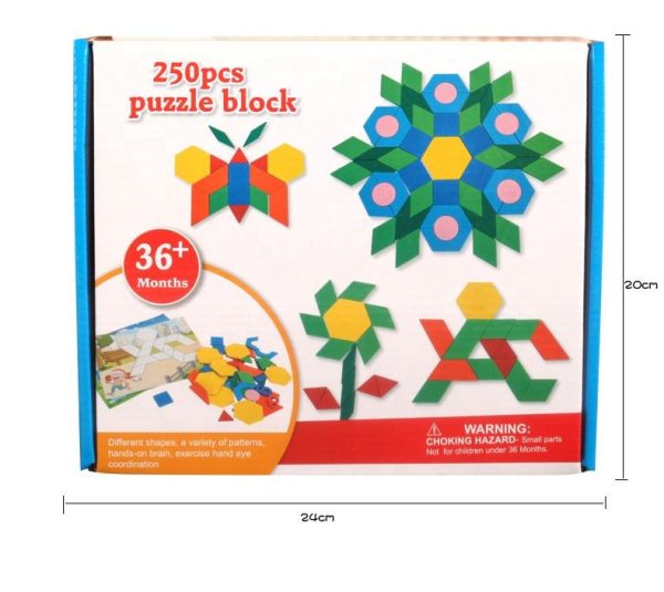 Joc Puzzle Tangram din lemn cu 250 de piese geometrice si cifre, multicolor, cartonase model, 3+ - imagine 3