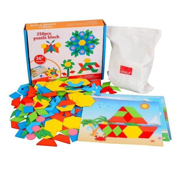 Joc Puzzle Tangram din lemn cu 250 de piese geometrice si cifre, multicolor, cartonase model, 3+