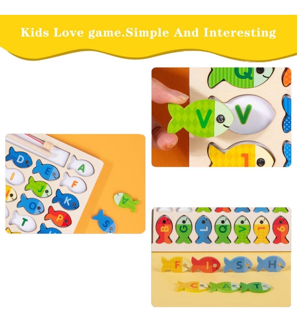 Joc de pescuit din lemn cu magnet, Stuniko®, Puzzle incastru, litere si cifre, multicolor, Dezvolta Indemanarea si Motricitatea, 30 x 30 cm, 36 de piese, 3 ani+ - imagine 4