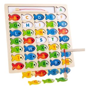 Joc de pescuit cu magnet, puzzle incastru, alfabet si cifre, lemn, multicolor, 30 x 30 cm, 36 de piese