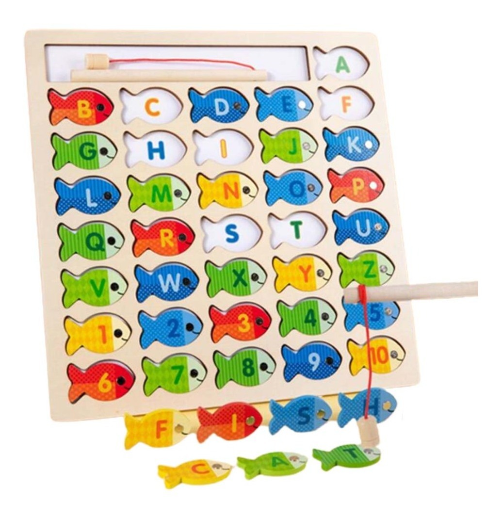 Joc de pescuit din lemn cu magnet, Stuniko®, Puzzle incastru, litere si cifre, multicolor, Dezvolta Indemanarea si Motricitatea, 30 x 30 cm, 36 de piese, 3 ani+