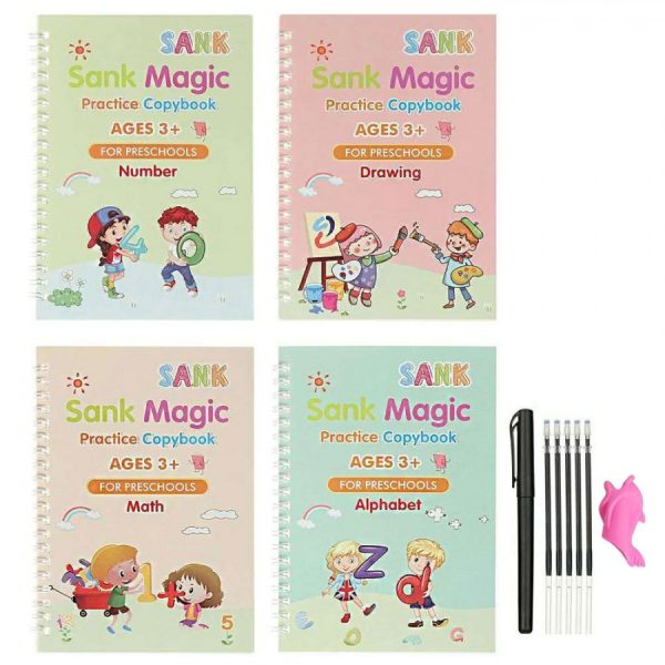 Set 4 caiete de lucru si stilou magic pentru scris si desenat Sank Magic pentru copii, rechizite scolare, multicolor