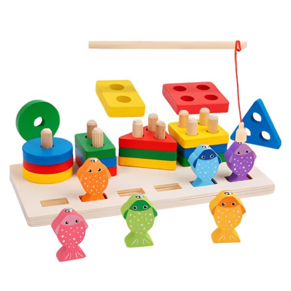 Joc educativ sortator 2 in 1 din lemn, Montessori, forme geometrice pe 4 coloane si joc pescuit,  multicolor, 14 piese