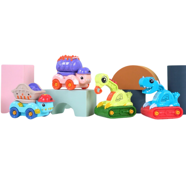 Set 4 masinute pentru copii, model cu dinozauri, vehicule de contructie interactive, multicolor, 3+ - imagine 2