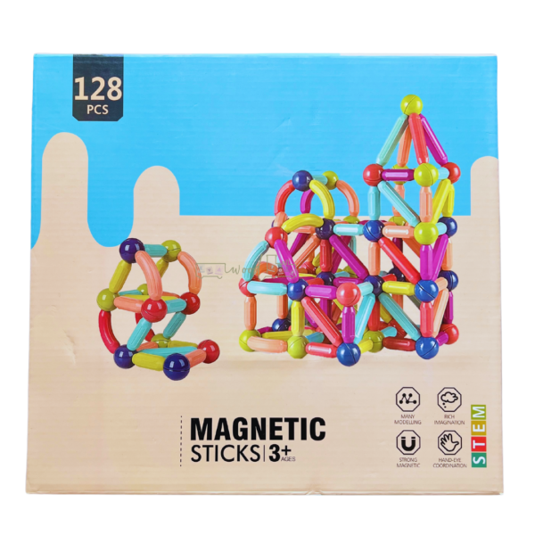 Set de construit cu 128 piese magnetice pentru copii, Magnetic Sticks, Multicolor