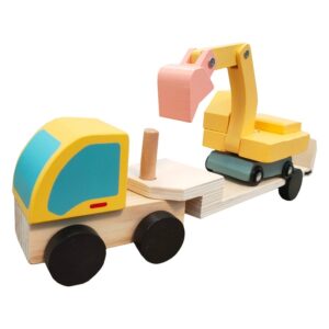 Jucarie interactiva din lemn pentru copii, Camion cu platforma si excavator, 3 ani +
