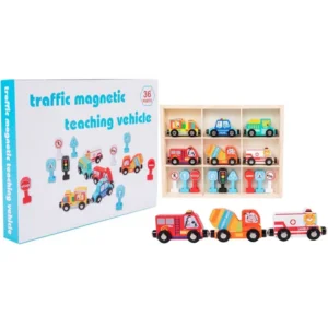 Set 6 vehicule din lemn cu magnet si 9 semne de circulatie, jucarie educativa pentru copii, 3 ani +