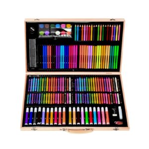Set 180 de piese pentru colorat si desen, cutie transport din lemn, multicolor, 3 ani +