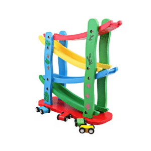 Jucarie interactiva din lemn pentru copii, Circuit de curse cu 4 piste si 4 masinute, 3 ani+