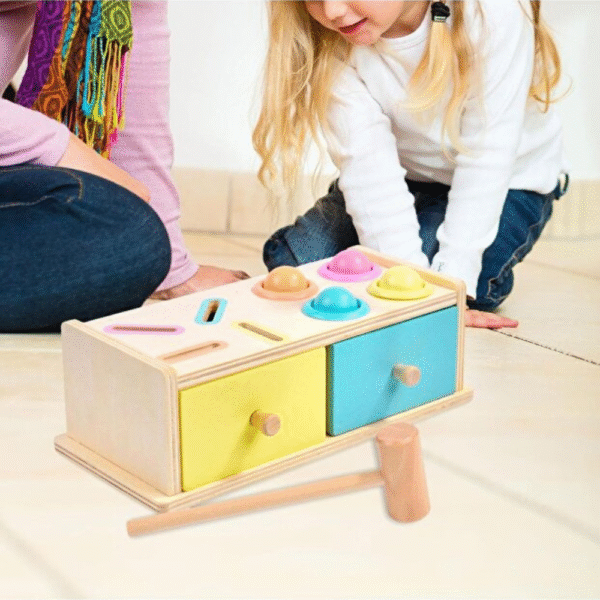 Jucarie educativa pentru copii, Cutia Permanentei cu jetoane, bilute, ciocanel si sertare, Montessori - imagine 2