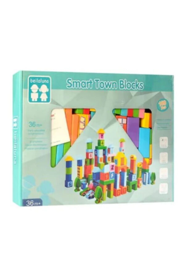 Set 100 cuburi de construit din lemn pentru copii, Joc educativ, Smart Town Blocks, 3 ani+ - imagine 7