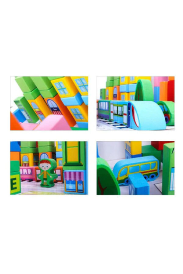 Set 100 cuburi de construit din lemn pentru copii, Joc educativ, Smart Town Blocks, 3 ani+ - imagine 2