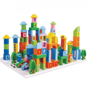 Set 100 cuburi de construit din lemn pentru copii, Joc educativ, Smart Town Blocks, 3 ani+