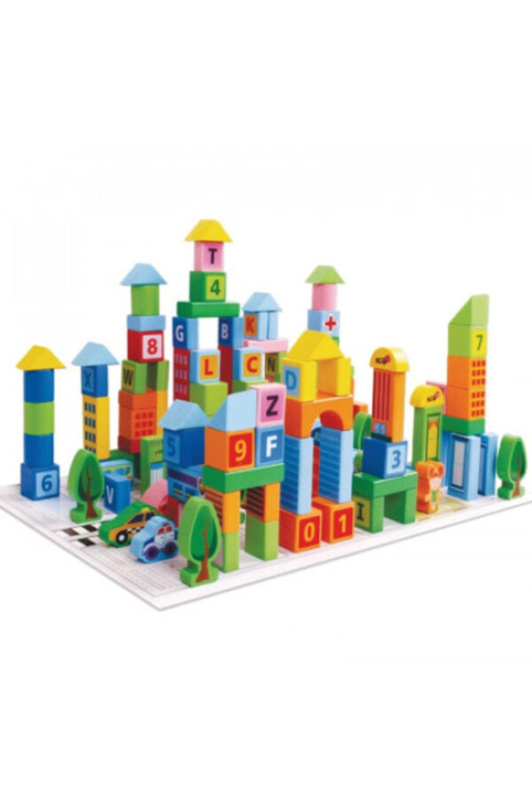 Set 100 cuburi de construit din lemn pentru copii, Joc educativ, Smart Town Blocks, 3 ani+