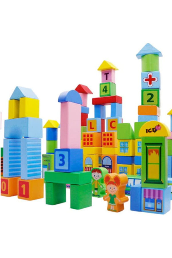 Set 100 cuburi de construit din lemn pentru copii, Joc educativ, Smart Town Blocks, 3 ani+ - imagine 4