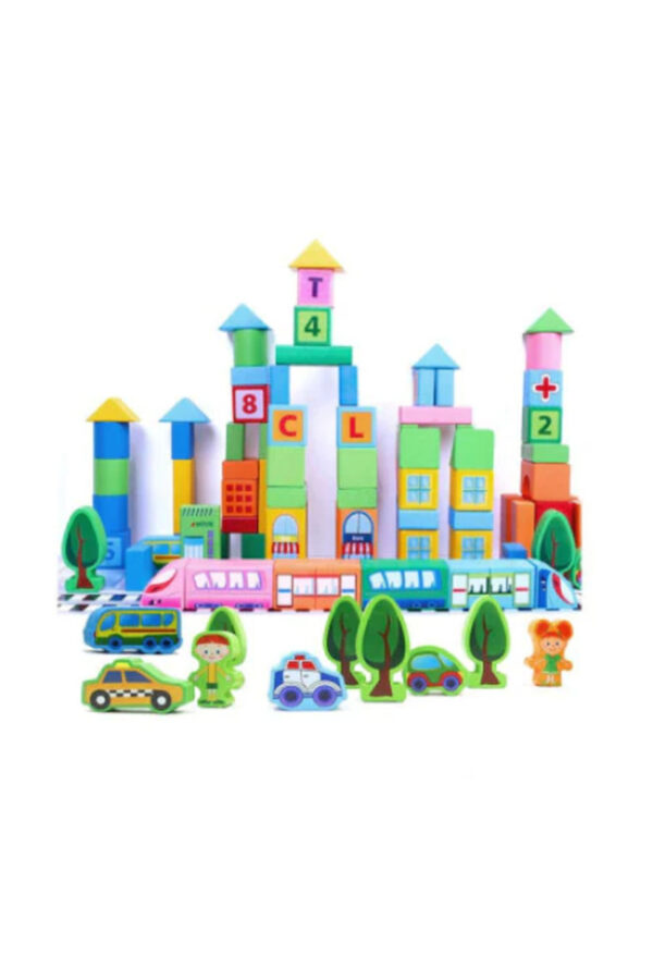 Set 100 cuburi de construit din lemn pentru copii, Joc educativ, Smart Town Blocks, 3 ani+ - imagine 6