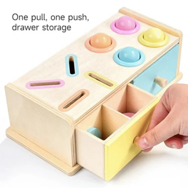 Jucarie educativa pentru copii, Cutia Permanentei cu jetoane, bilute, ciocanel si sertare, Montessori - imagine 3