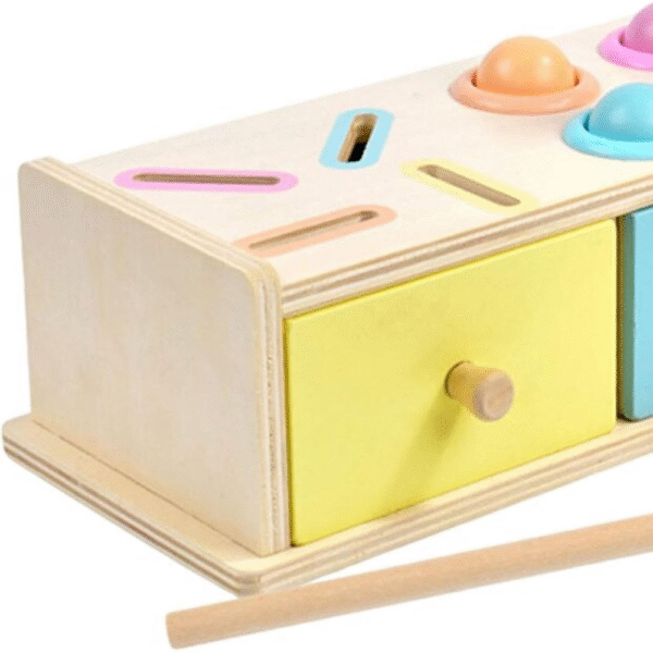 Jucarie educativa pentru copii, Cutia Permanentei cu jetoane, bilute, ciocanel si sertare, Montessori - imagine 4